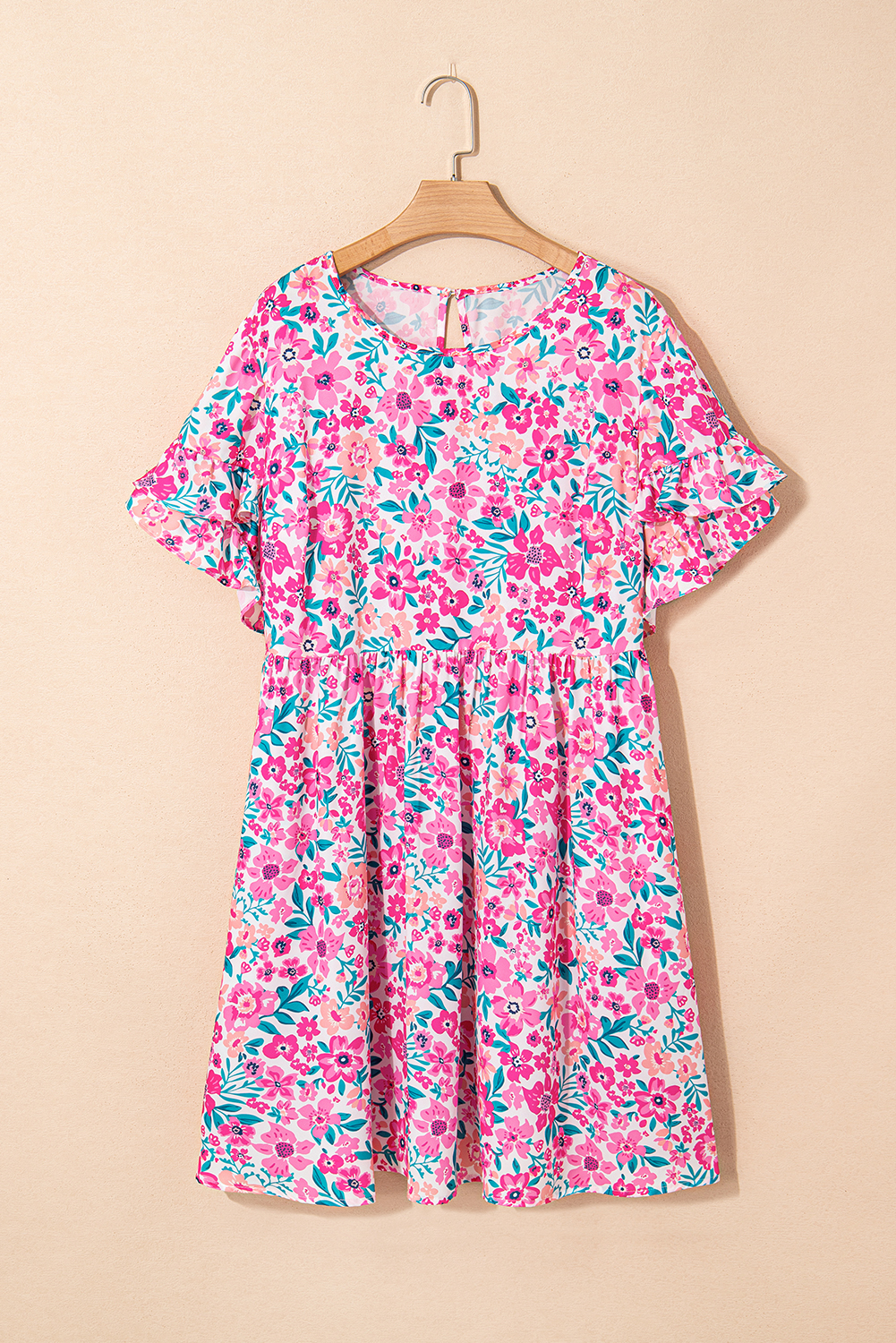 Plus Size White  Floral Print Frilled Short Sleeve Flare Dress