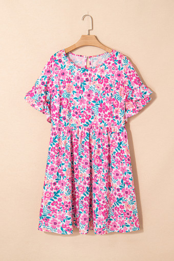 Plus Size White  Floral Print Frilled Short Sleeve Flare Dress