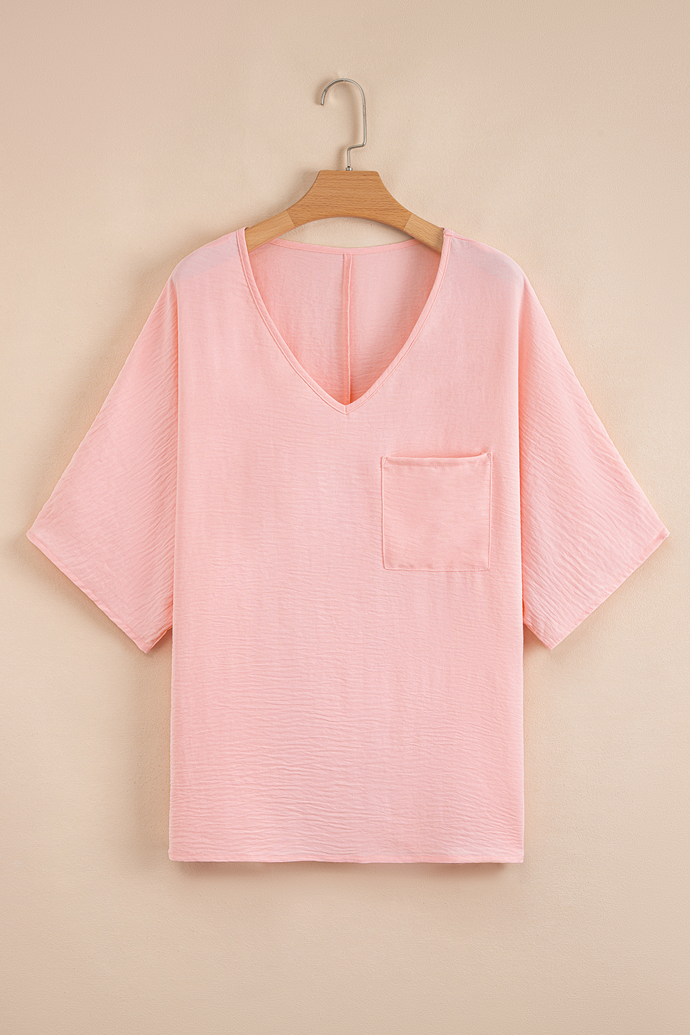 Plus Size Pink Textured Half Sleeve V Neck  T Shirt with Chest Pocket