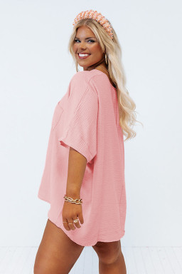 Plus Size Pink Textured Half Sleeve V Neck  T Shirt with Chest Pocket