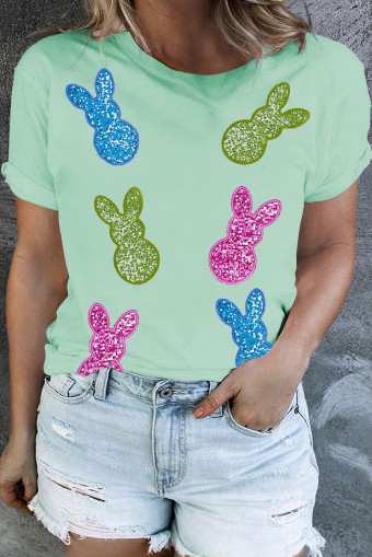 Plus Size Iceland Blue  Sequined Easter Bunny Crew Neck T Shirt