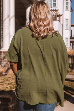 Plus Size Four Leaf Clover Textured Half Sleeve V Neck  T Shirt with Chest Pocket