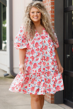 Plus Size Red Floral Ruffled Half Sleeve V Neck  Dress