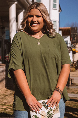 Plus Size Four Leaf Clover Textured Half Sleeve V Neck  T Shirt with Chest Pocket