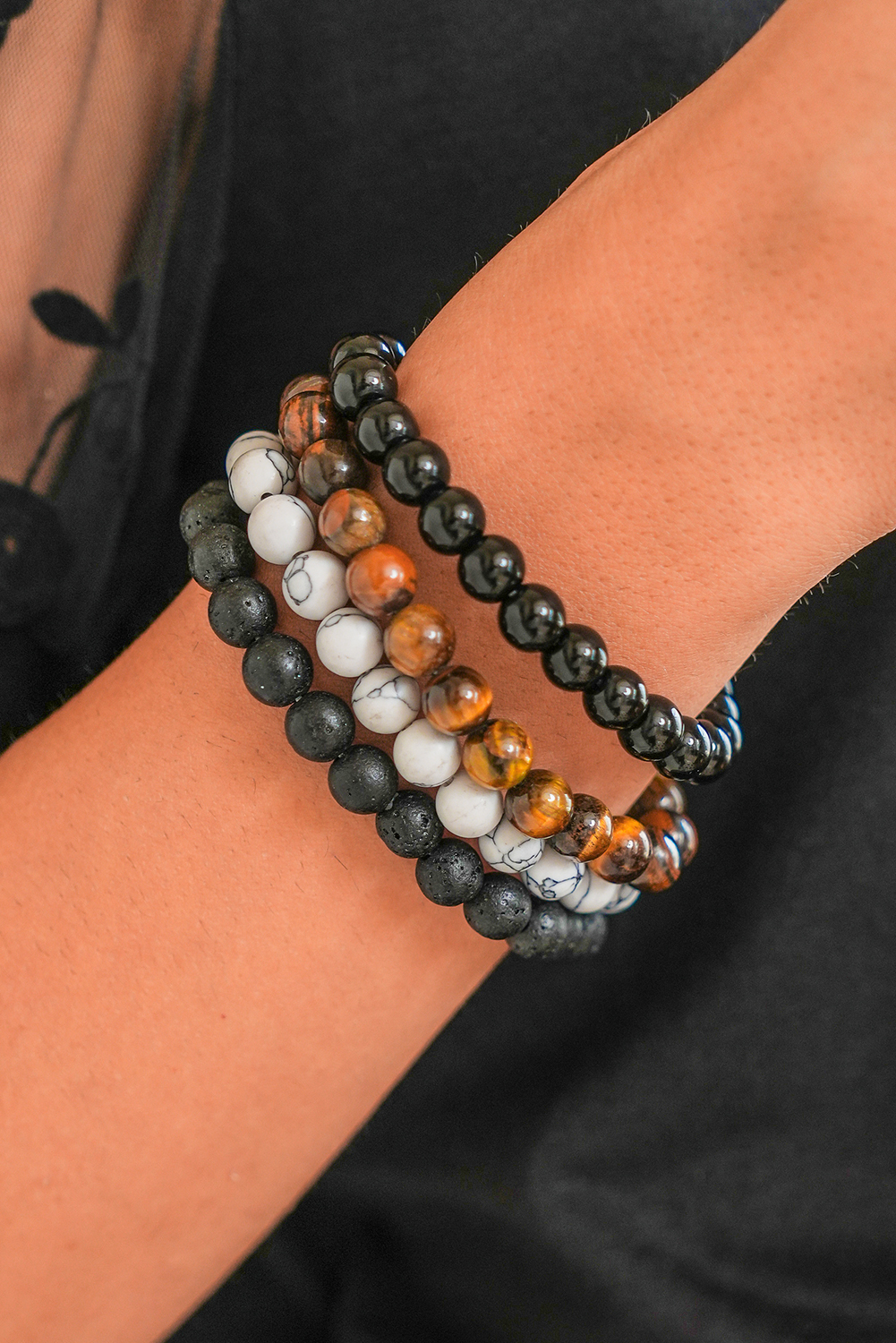 Black Retro Beaded Crystal 4pcs Bracelet Set