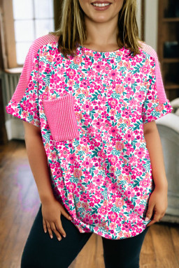 Plus Size Pink  Floral Print Corded Patchwork Loose Top