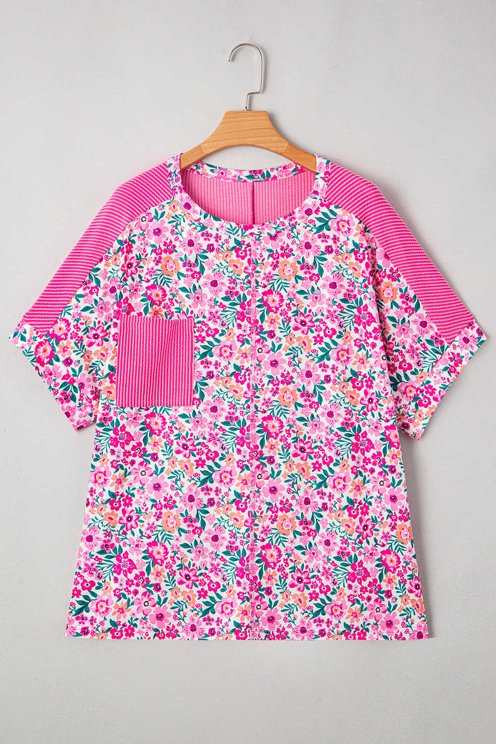 Plus Size Pink  Floral Print Corded Patchwork Loose Top