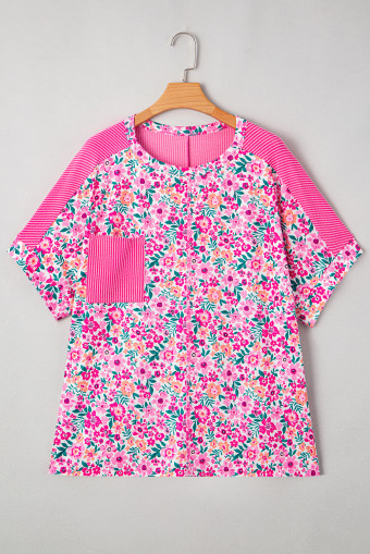 Plus Size Pink  Floral Print Corded Patchwork Loose Top