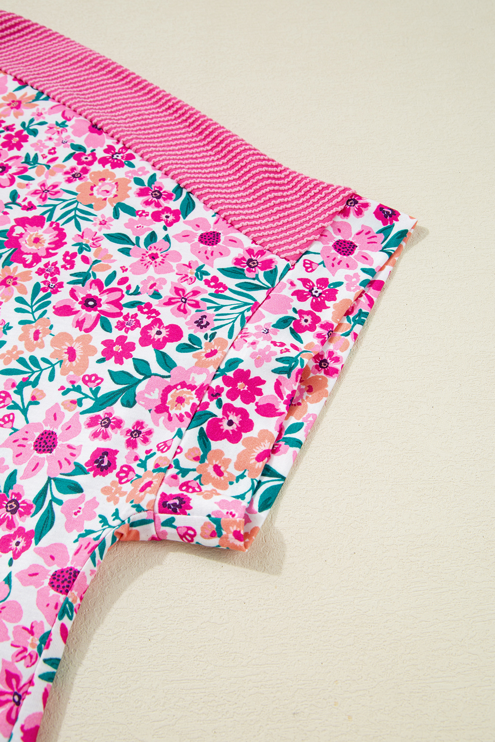 Plus Size Pink  Floral Print Corded Patchwork Loose Top