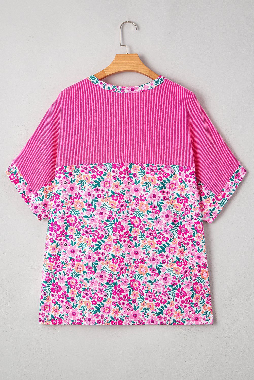 Plus Size Curvy Pink  Floral Print Corded Patchwork Loose Top