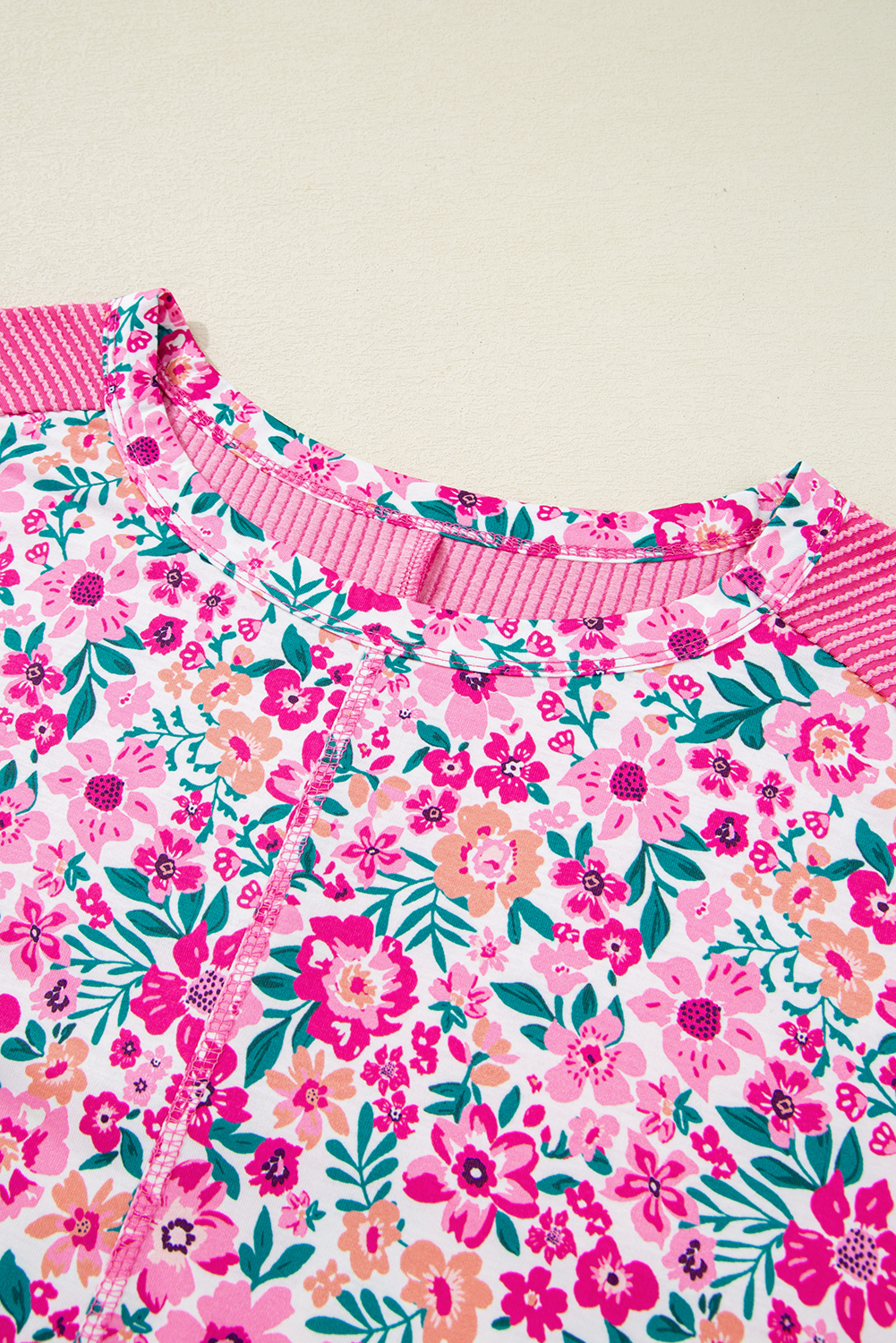 Plus Size Pink  Floral Print Corded Patchwork Loose Top