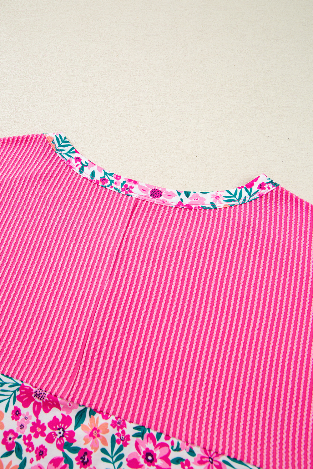 Plus Curvy Pink Floral Print Corded Patchwork Loose Top