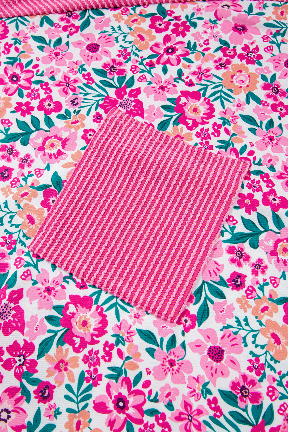 Plus Size Pink  Floral Print Corded Patchwork Loose Top