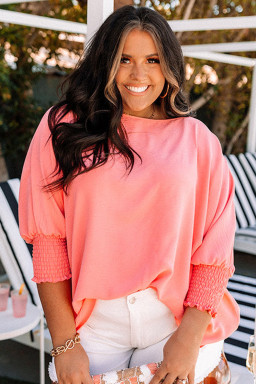 Plus Size Curve Blossom Shirred Cuffs Half Sleeve Textured Blouse