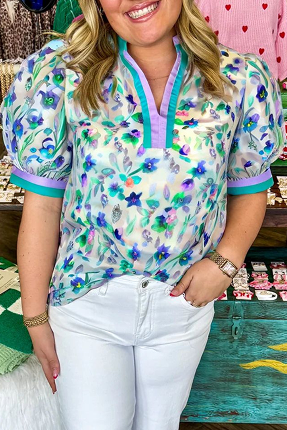 Plus Size Green Floral Print Colorblock Edge Puff Sleeve Split Neck  Blouse