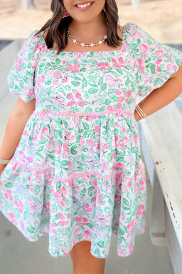 Plus Size White Floral Print Ric-rac Trim Square Neck  Mini Dress