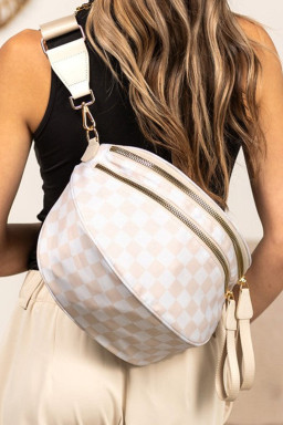 White Checkered Print Wide Strap Large Crossbody Bag