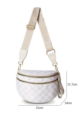 White Checkered Print Wide Strap Large Crossbody Bag