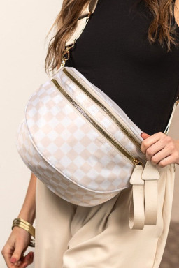 White Checkered Print Wide Strap Large Crossbody Bag