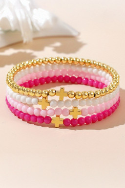 Gold Cross Beaded Multi Layered Elastic Bracelet Set