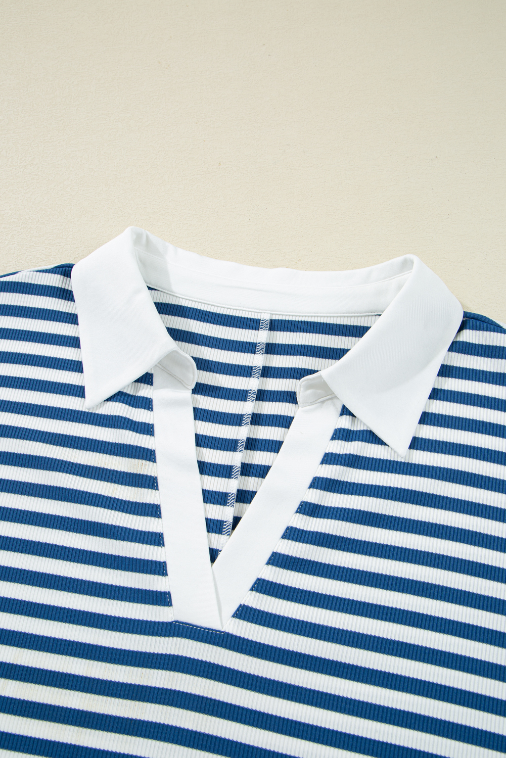 Plus Size Blue Stripe Short Sleeve Collared V Neck Top  Short Set