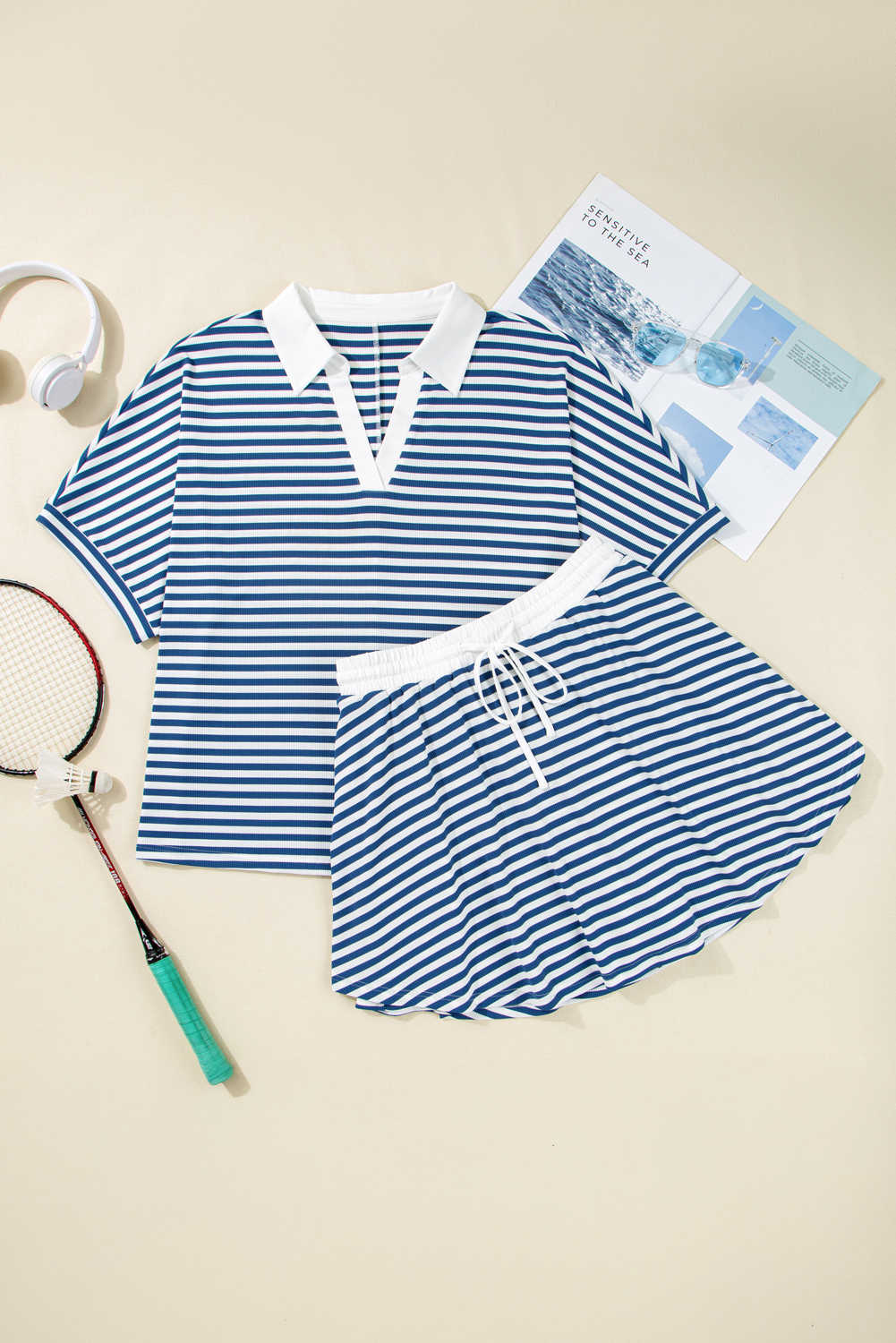 Plus Size Blue Stripe Short Sleeve Collared V Neck Top  Short Set