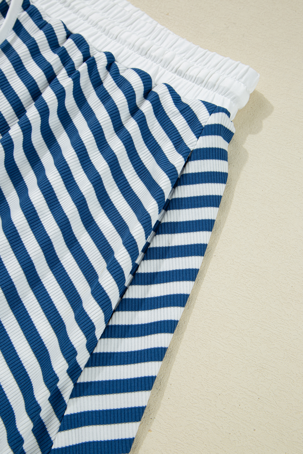 Plus Size Blue Stripe Short Sleeve Collared V Neck Top  Short Set