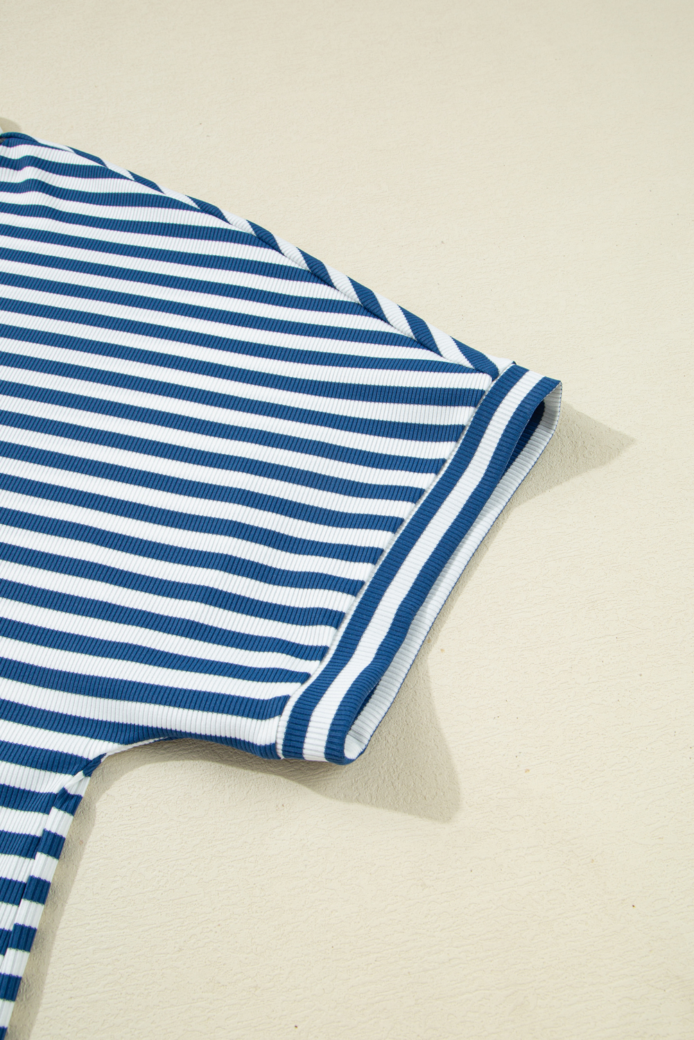 Plus Size Blue Stripe Short Sleeve Collared V Neck Top  Short Set