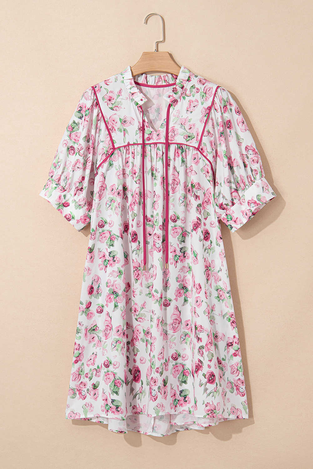 Plus Size Pink Floral Split Neck Short Sleeve Loose  Mini Dress