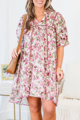 Plus Size Pink Floral Split Neck Short Sleeve Loose  Mini Dress