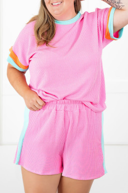 Plus Size Bonbon Color Block Corded Knit Tee and Shorts Set
