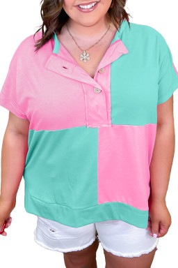 Large Size Mint Green Colorblock Patchwork Short Sleeve Buttons  Henley Top
