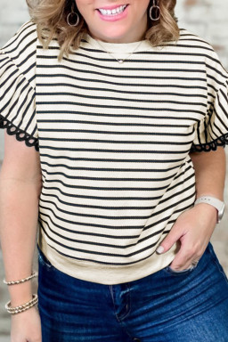 Plus Size Black Stripe Eyelet Trimmed Ruffled Short Sleeve Top