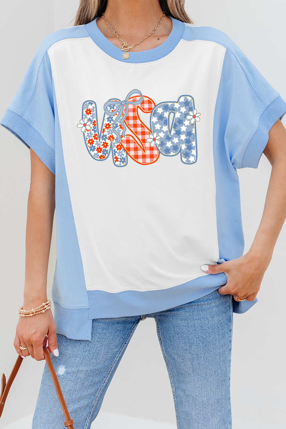 Sky Blue Star Plaid Flower USA Graphic Color Block Crewneck T Shirt