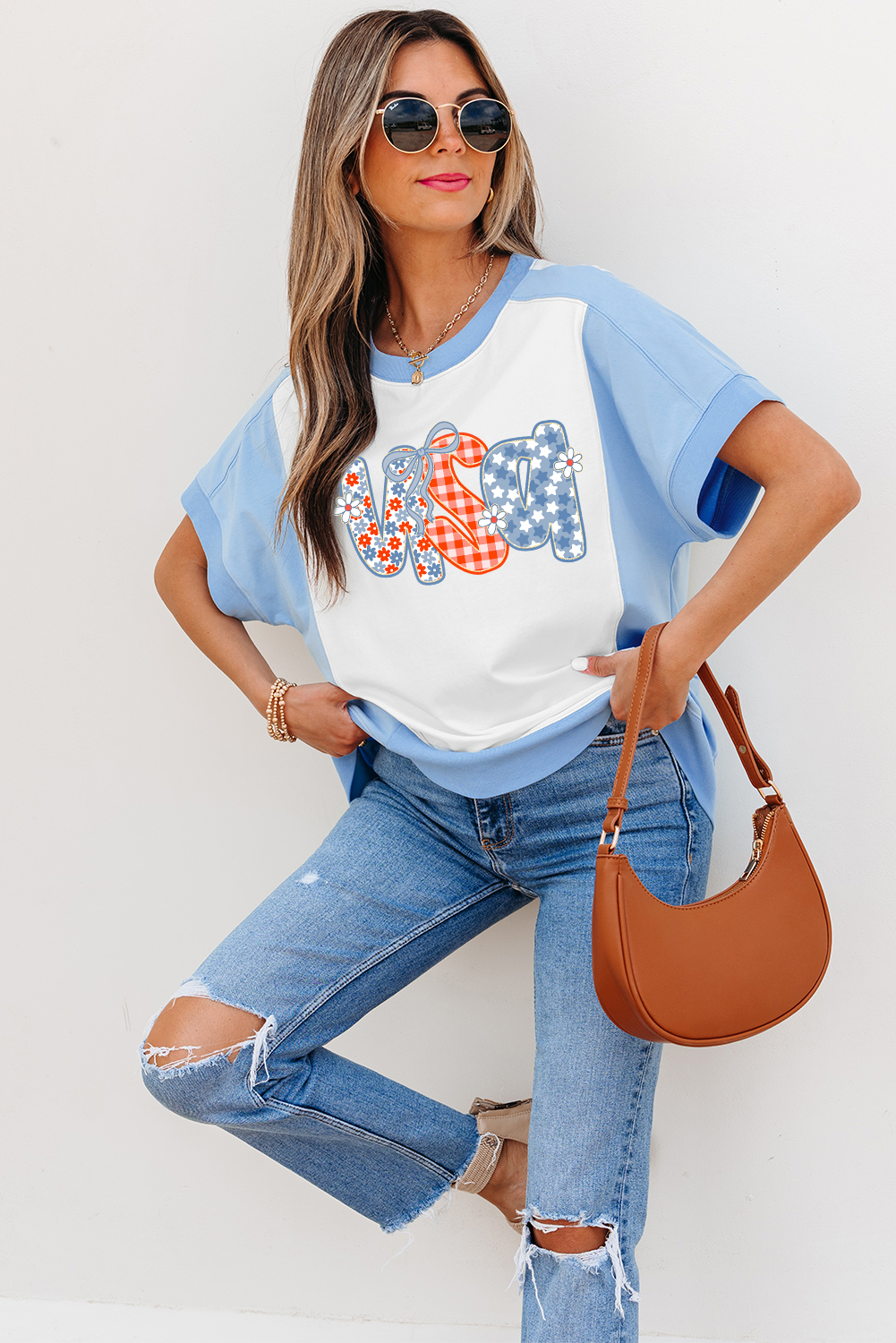 Sky Blue Star Plaid Flower USA Graphic Color Block Crewneck T Shirt