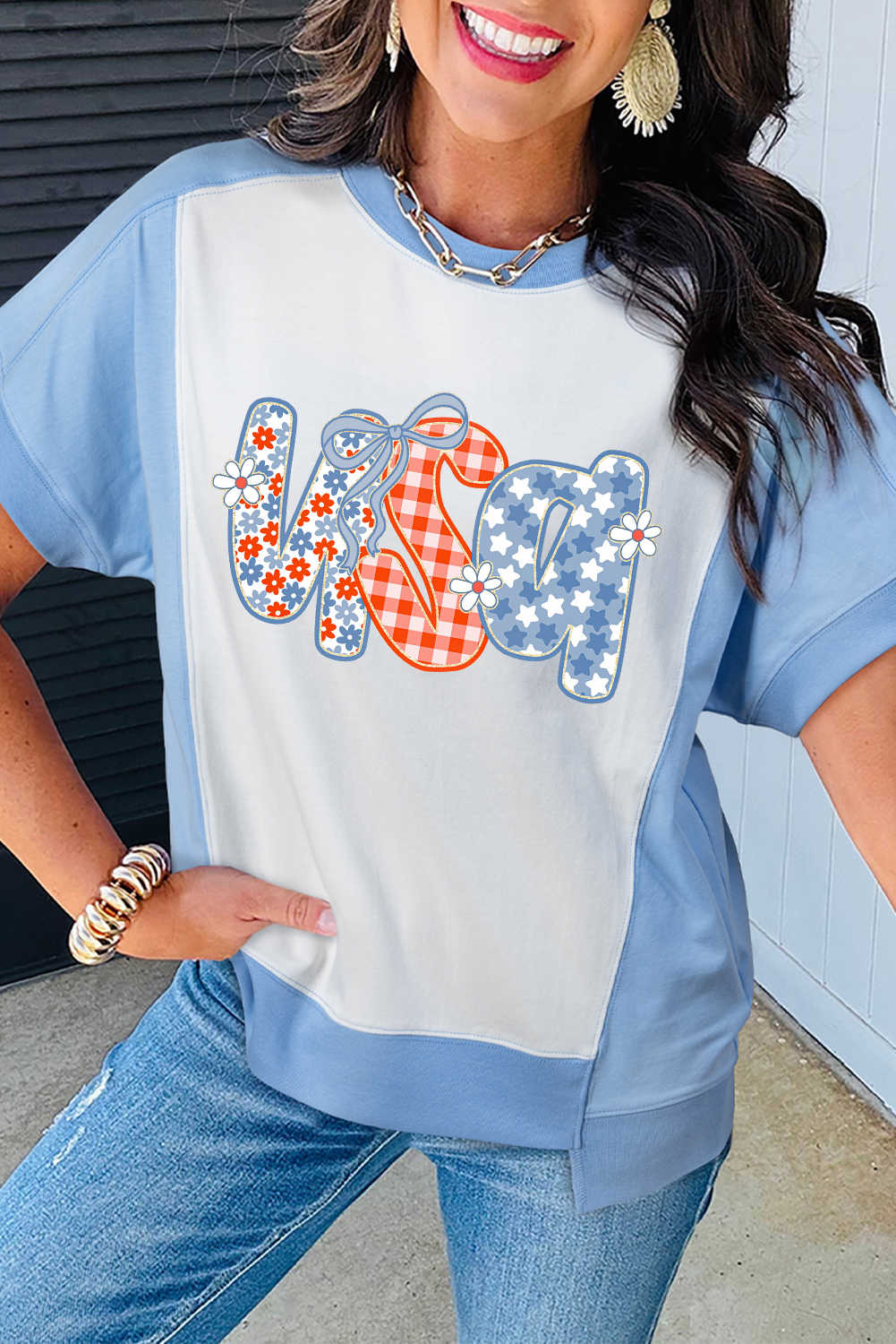 Sky Blue Star Plaid Flower USA Graphic Color Block Crewneck T Shirt