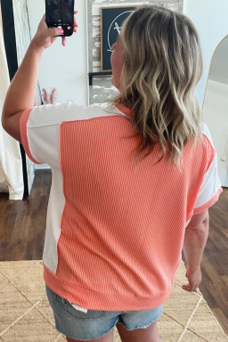 Plus Carrot Twist Rib Colorblock Hi Low  Short Sleeve Top