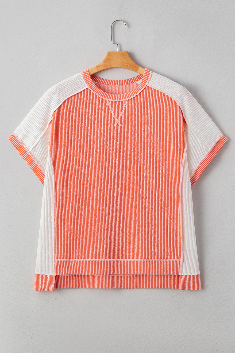 Plus Size Carrot Twist Rib Colorblock Hi Low  Short Sleeve Top