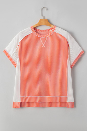 Plus Size Carrot Twist Rib Colorblock Hi Low  Short Sleeve Top