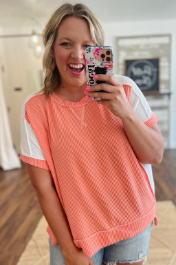 Plus Size Carrot Twist Rib Colorblock Hi Low  Short Sleeve Top