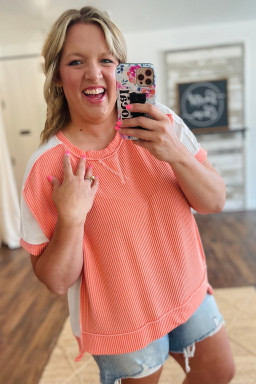 Big Size Carrot Twist Rib Colorblock Hi Low  Short Sleeve Top