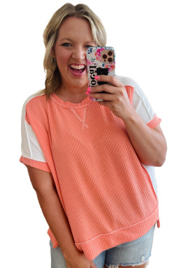 Plus Size Carrot Twist Rib Colorblock Hi Low  Short Sleeve Top
