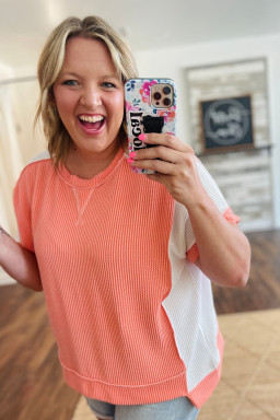 Big Size curvy Carrot Twist Rib Colorblock Hi Low  Short Sleeve Top