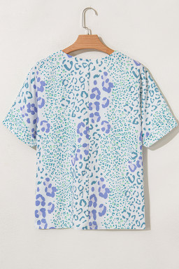 Plus Size curve Sky Blue Leopard Print Short Sleeve V Neck  Top