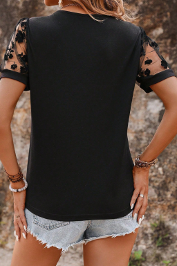 Oversized Black Floral Mesh Patchwork Loose V Neck Big Size T Shirt