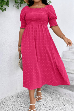 Plus Size Sachet Pink Swiss Dot Smocked Frilled Neckline Short Sleeve  Dress
