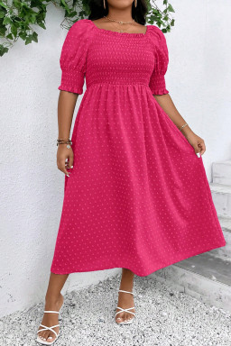 large Size Sachet Pink Swiss Dot Smocked Frilled Neckline Short Sleeve  Dress
