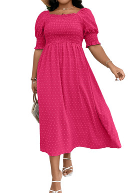 Plus Size Sachet Pink Swiss Dot Smocked Frilled Neckline Short Sleeve  Dress
