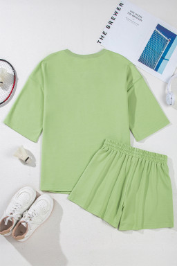 Plus Size Meadow Mist Green  V Neck Drop Shoulder Tee Loose Shorts 2pcs Outfit