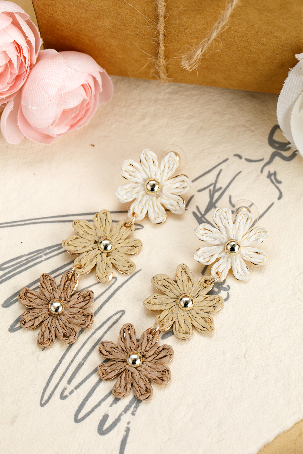 Parchment Crochet Flowers Stud Dangle Earrings